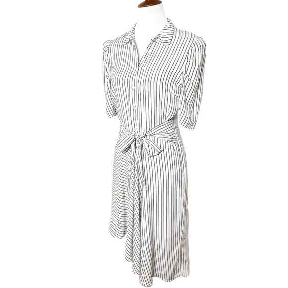 1. State White Pinstripe Tie Waist Asymmetrical High Low Short Sleeve Shittdress - Picture 5 of 12